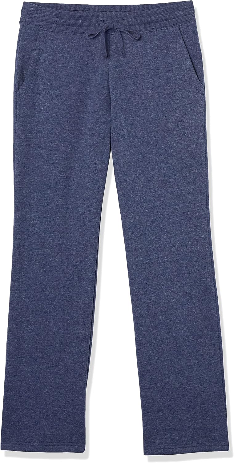 Women’s navy heather fleece straight-leg sweatpants with drawstring waist.