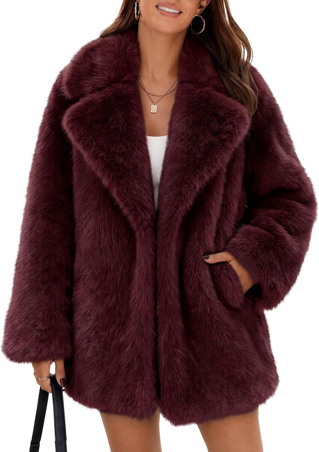Burgundy faux fur coat with oversized lapels and mid-thigh hem
