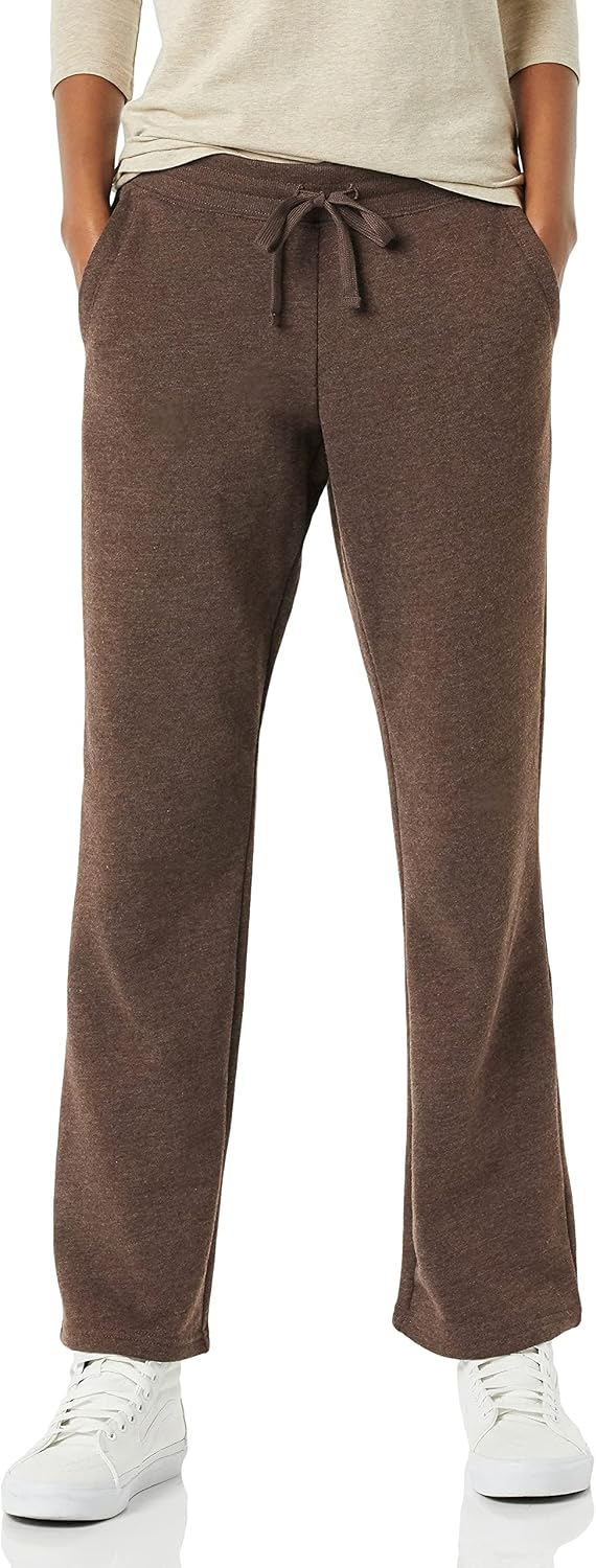 Women’s chocolate brown fleece straight-leg sweatpants with drawstring waist and side pockets.