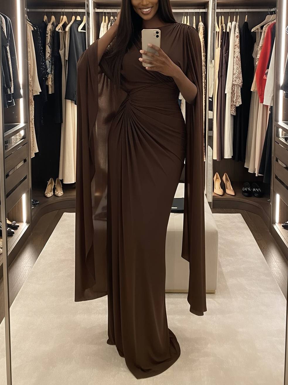 Chocolate brown chiffon maxi dress with ruched waist, boat neck, and cape sleeves