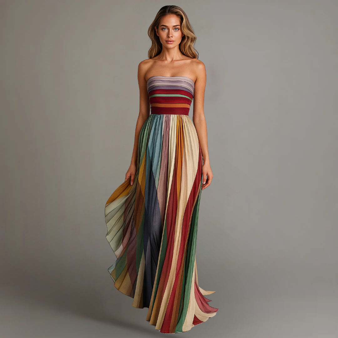 Strapless pleated maxi dress in multicolor stripes with smocked bodice