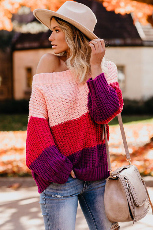 Striped knit off-shoulder sweater in pink with red and deep purple block stripes