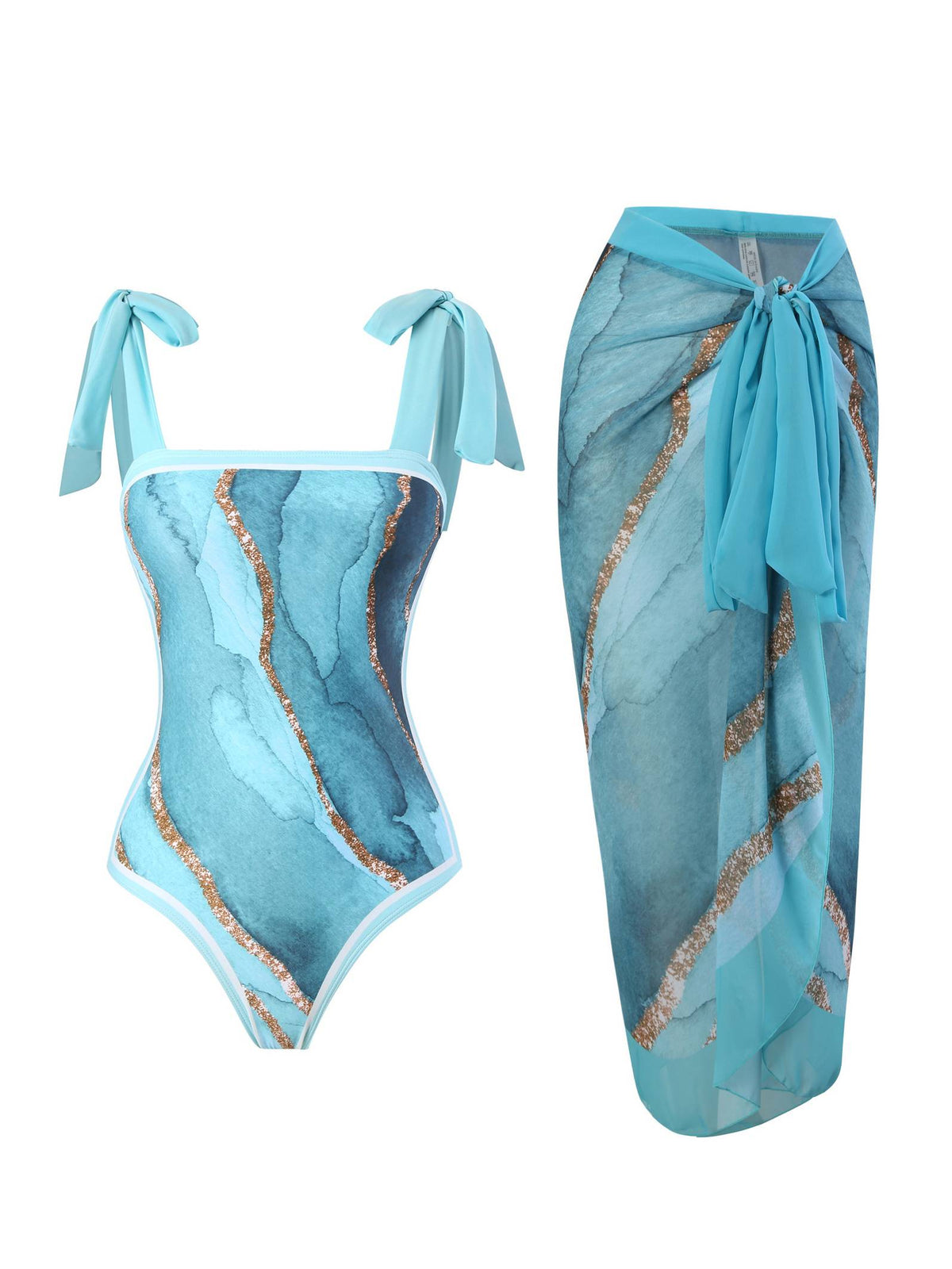 Light blue one-piece swimsuit with tie straps and gold marble print; matching wrap sarong