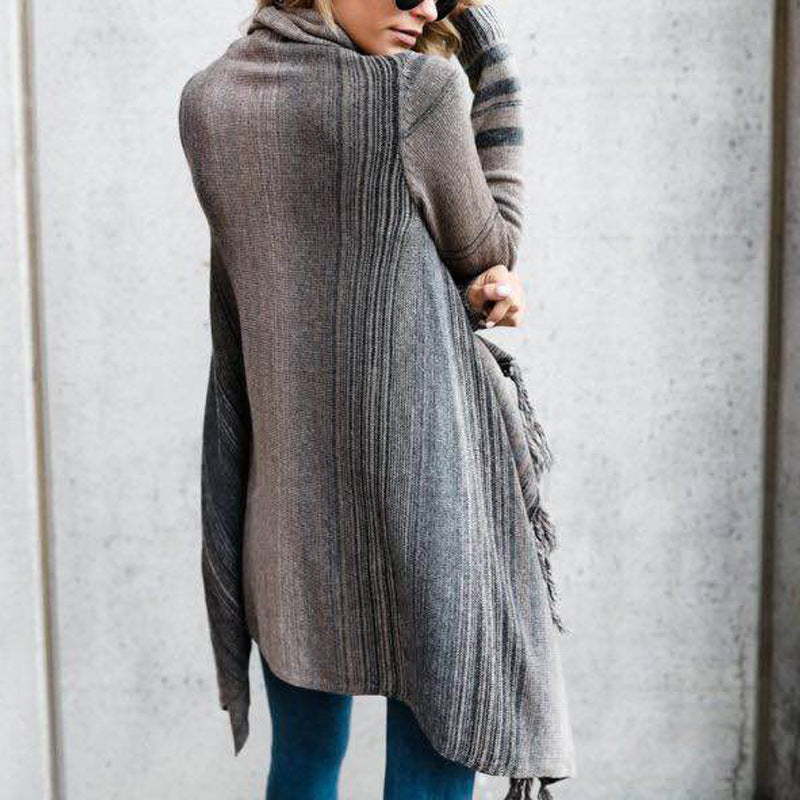 Women’s gray ribbed wrap cardigan with fringe-trim shawl collar and asymmetric hem
