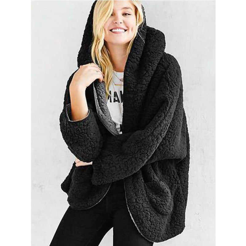 Black sherpa hooded jacket with roomy hood and plush fleece cuffs, open front