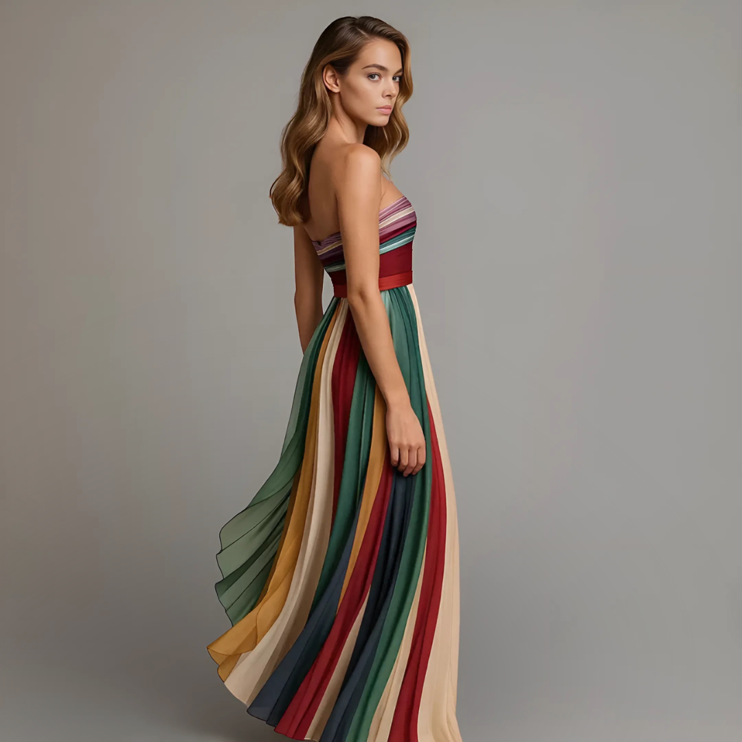 Side-view multicolor striped strapless chiffon maxi dress with pleated skirt