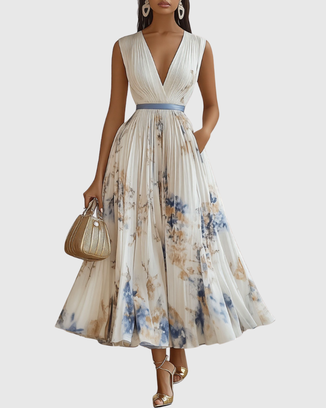 Pleated maxi dress with sleeveless V-neck, blue floral print and cinched waist