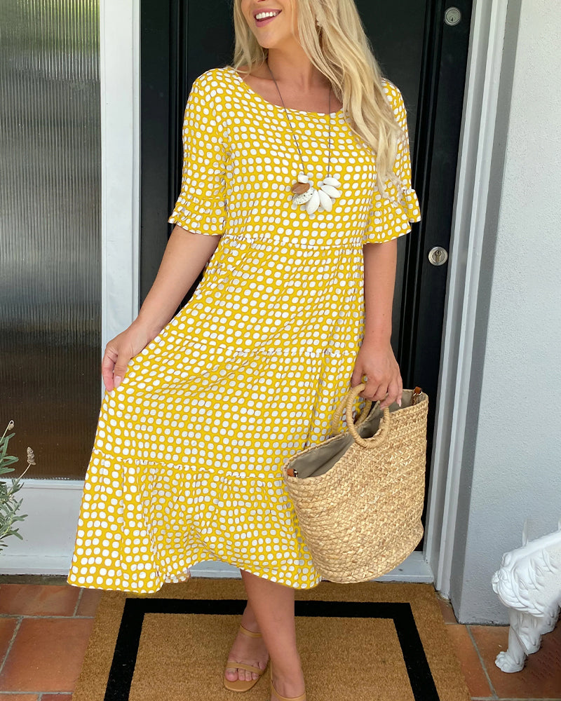 Yellow polka-dot viscose midi dress with flutter sleeves, smocked waist, ruffle hem