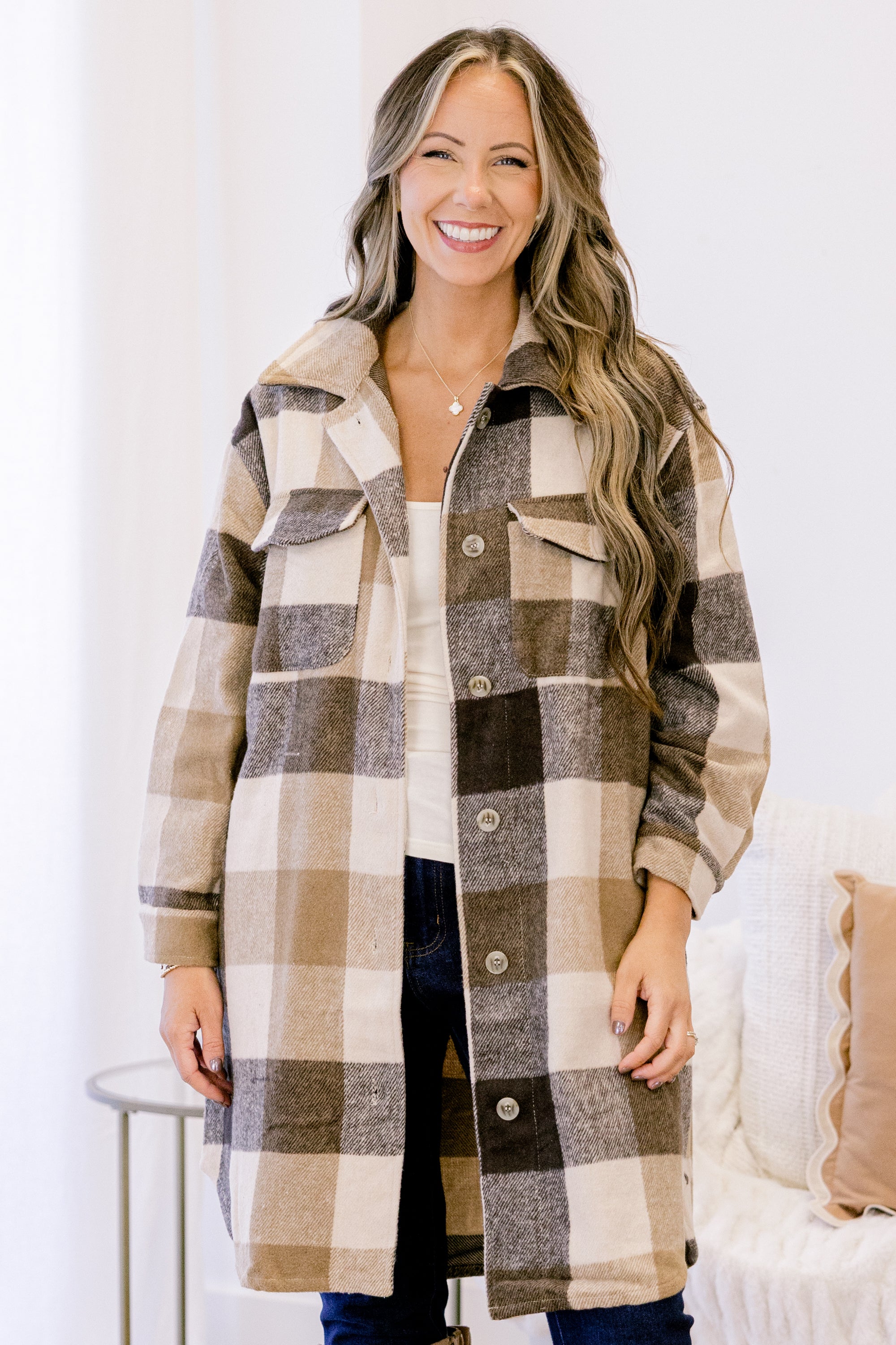 Camel plaid shacket coat with button front, spread collar, and chest flap pockets