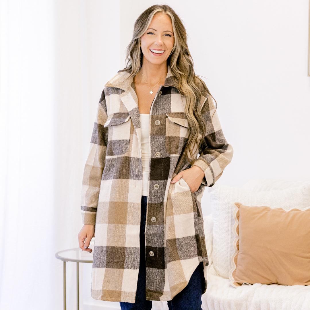 Camel plaid button-front shacket coat with chest flap pockets and spread collar
