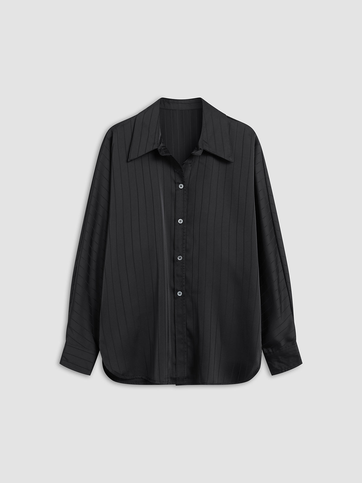 Black satin button-front blouse with open collar and long sleeves, tonal stripe texture