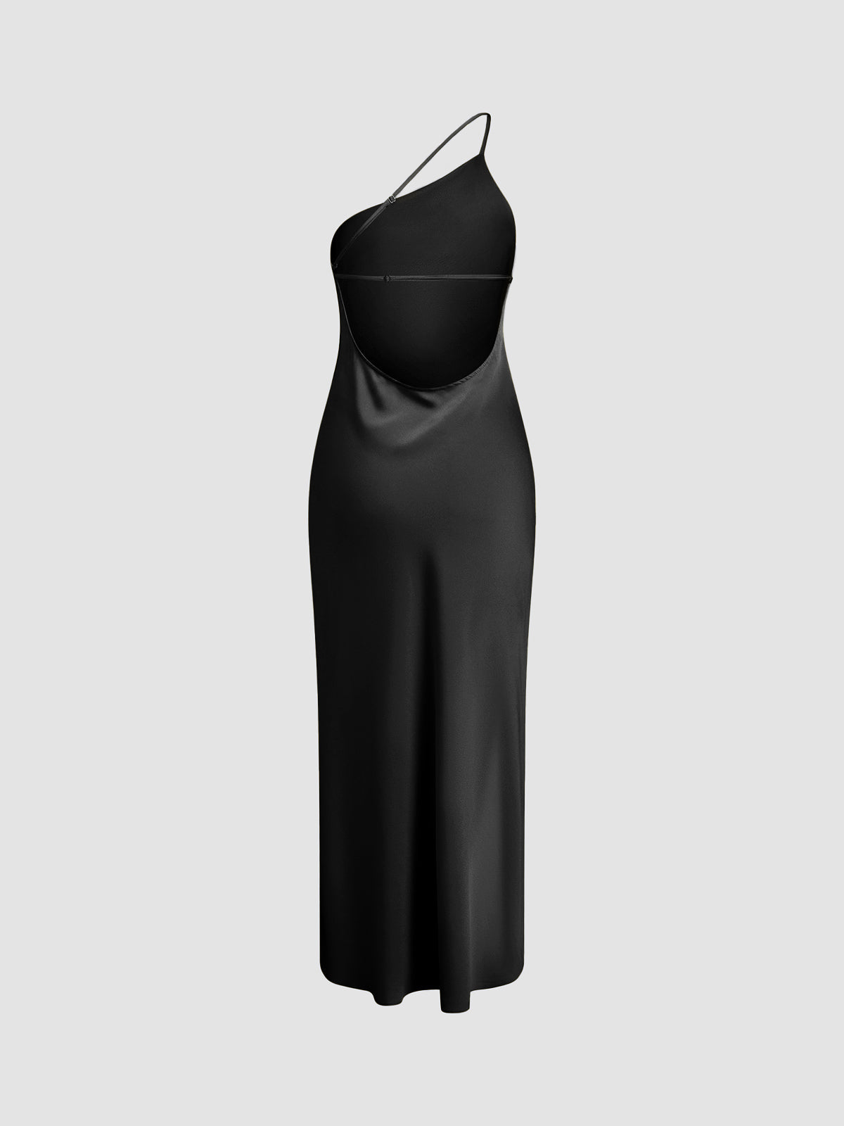Black satin one-shoulder maxi slip dress with cowl neckline and backless cut