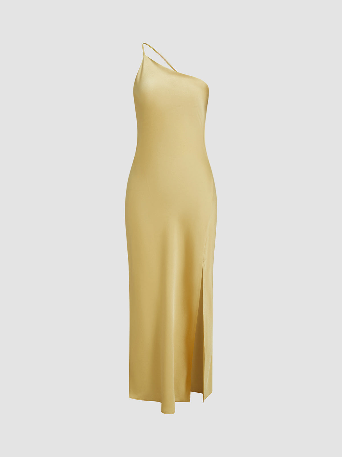 Yellow satin one-shoulder maxi slip dress with cowl neckline and long hem
