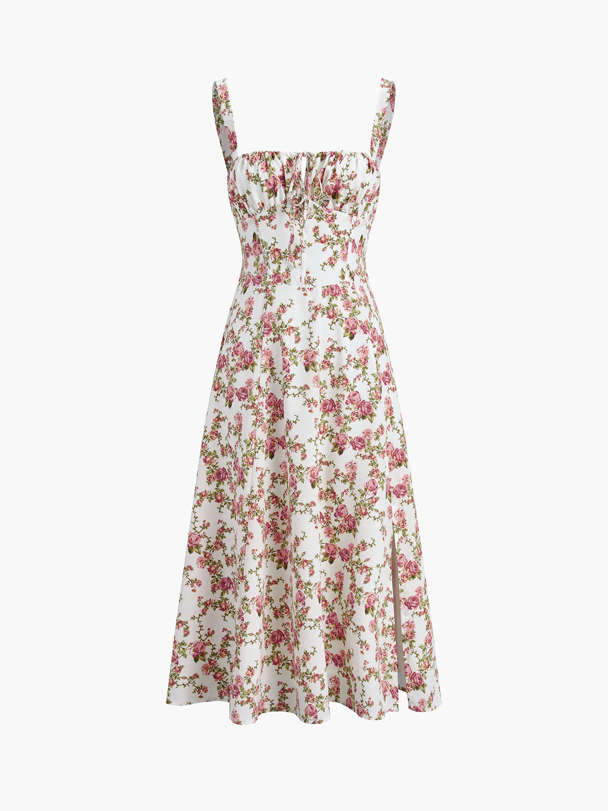 Pink floral cotton midi dress with square corset bodice, thin straps, and skirt