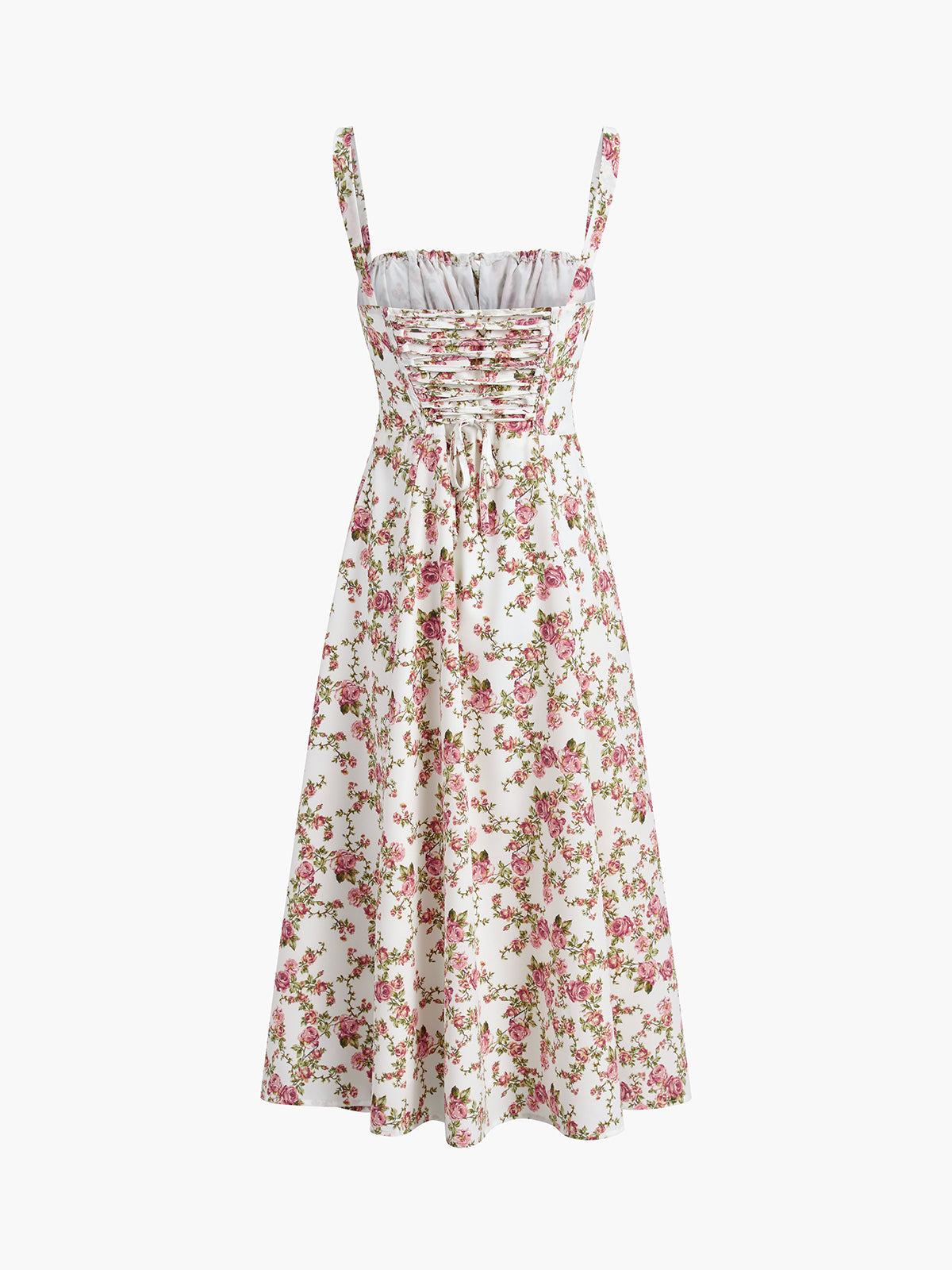 Pink floral cotton midi dress with ruched corset back and thin shoulder straps