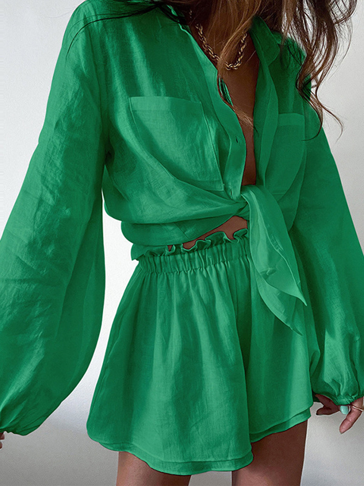 Green linen oversized button shirt and ruffled elastic waist shorts set for women