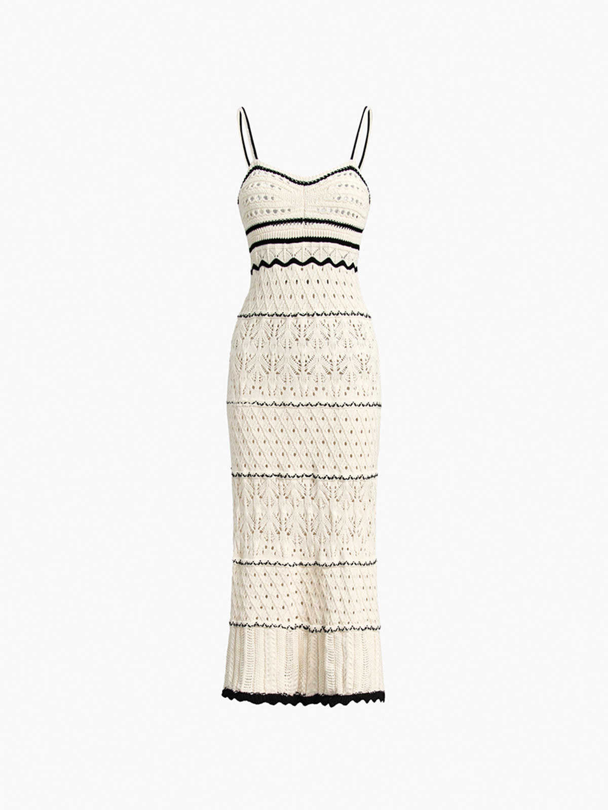 Off-white crochet spaghetti-strap midi dress with black contrast stripe trim