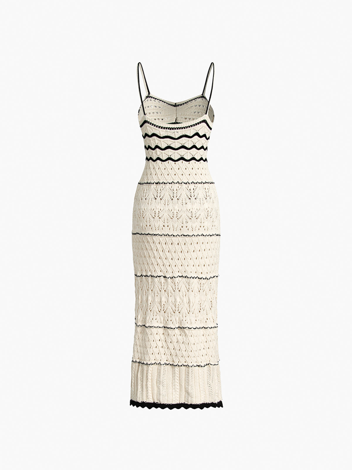 Off-white bodycon crochet midi dress with black striped trim and spaghetti straps