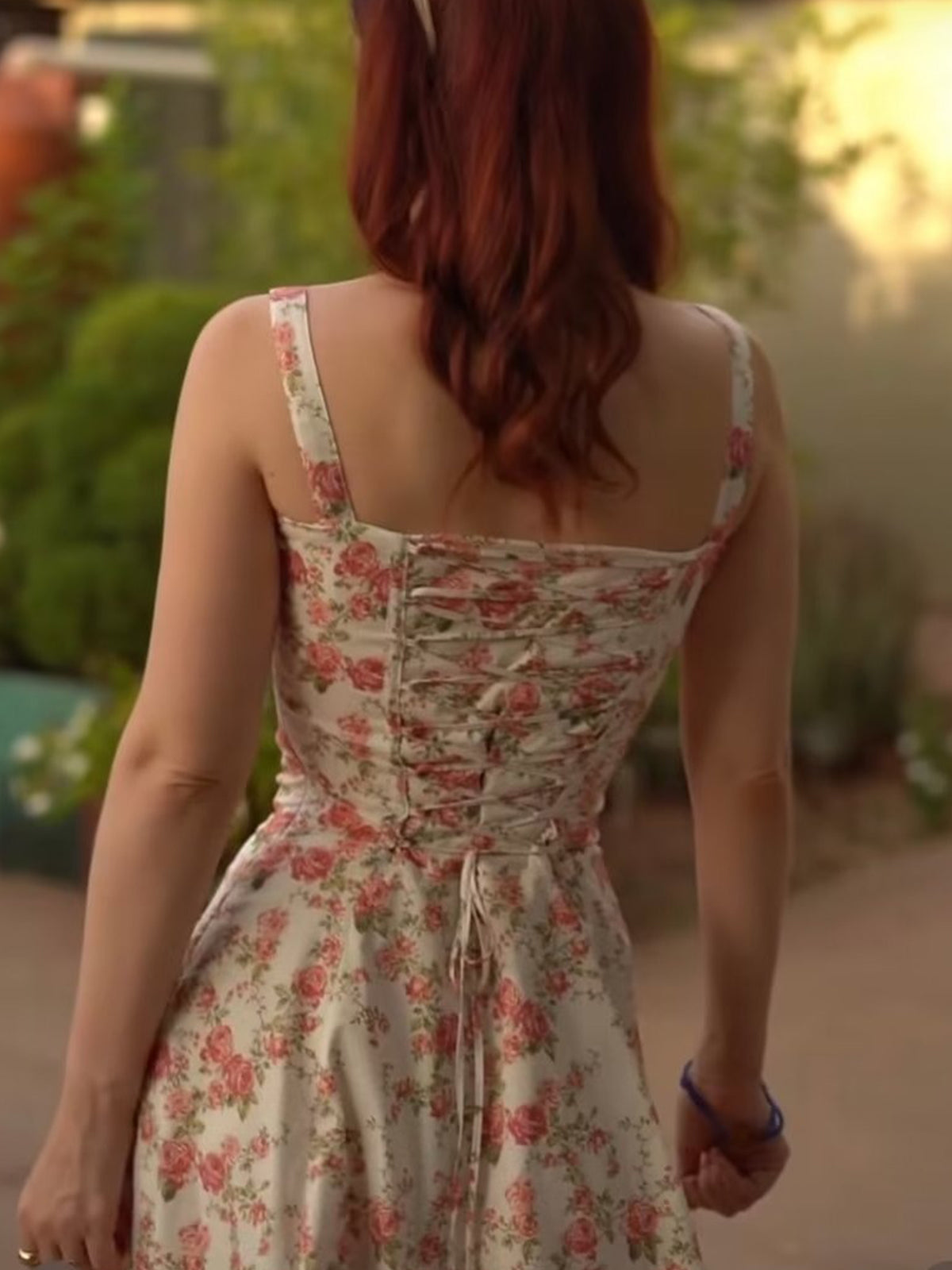 Pink floral cotton midi dress, corset back with thin straps and gathered waist