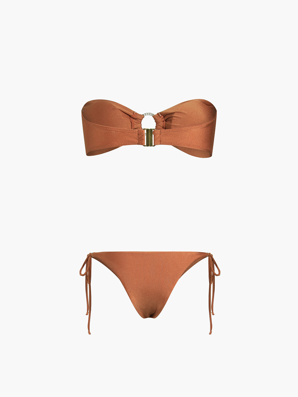 Metallic satin bikini set: bow-front strapless bandeau with O-ring center, tie-side bottom