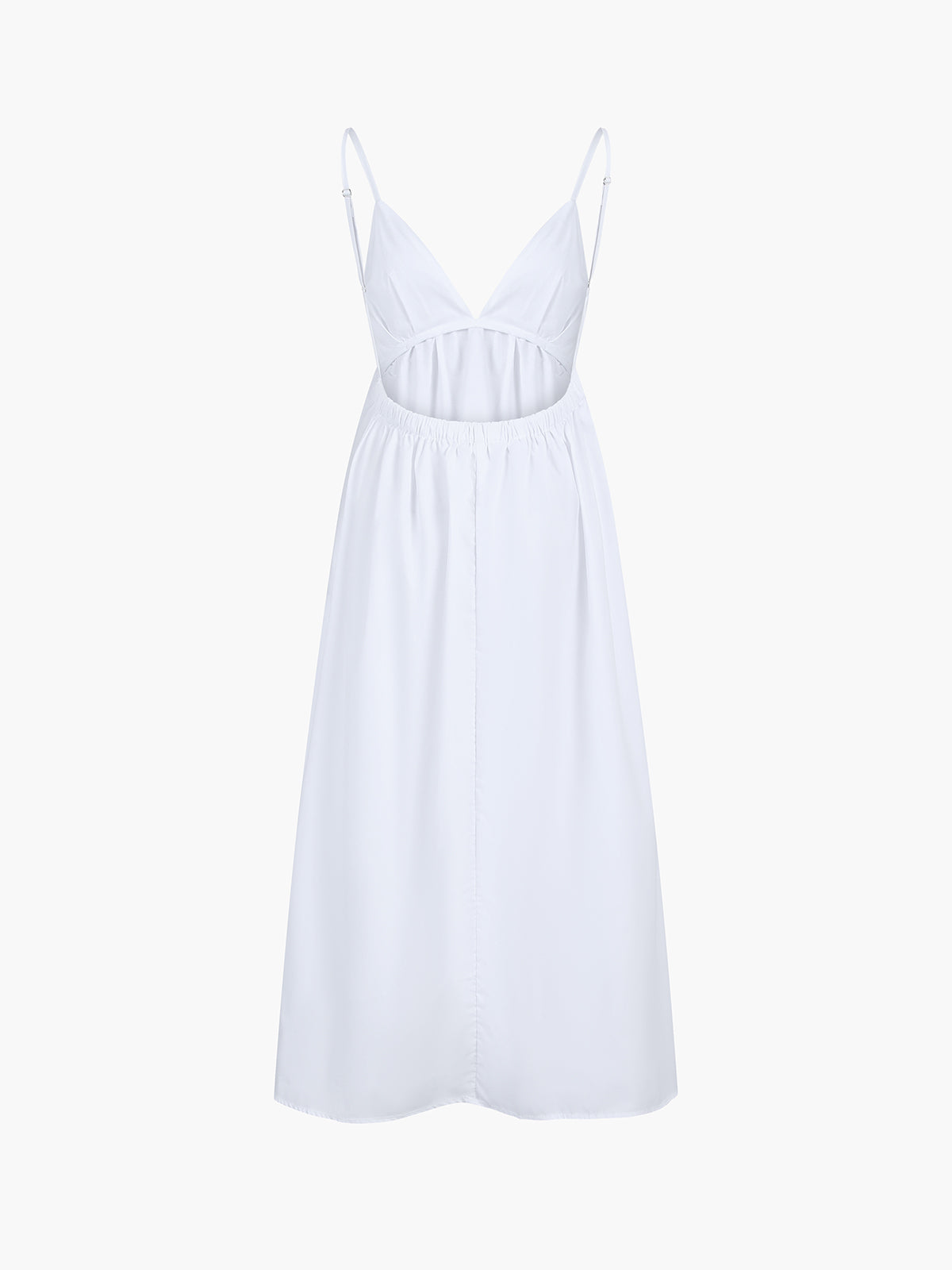 White viscose maxi dress with V-back, thin spaghetti straps, and gathered waist