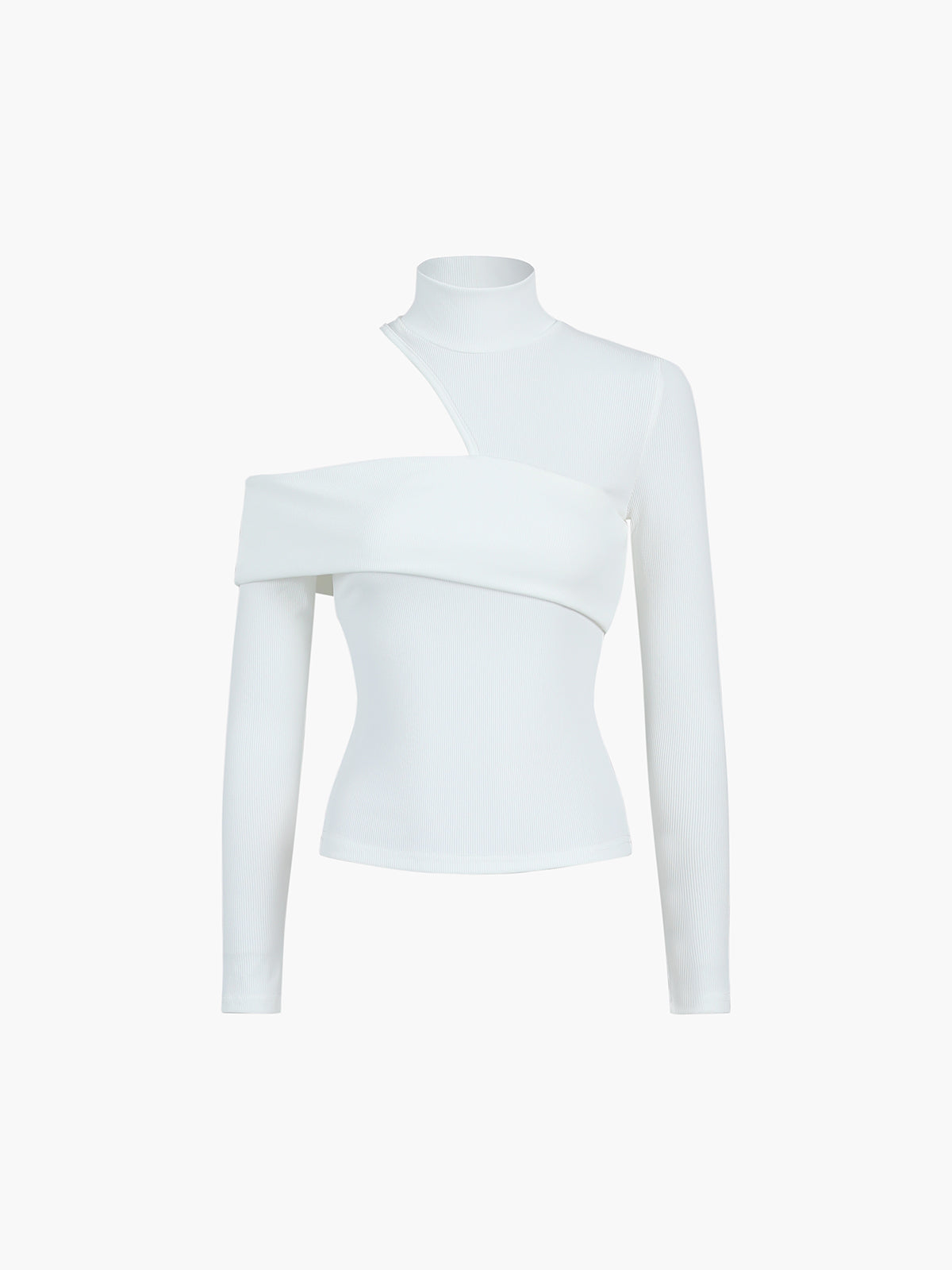White ribbed turtleneck top with asymmetric cut-out shoulder, long sleeves