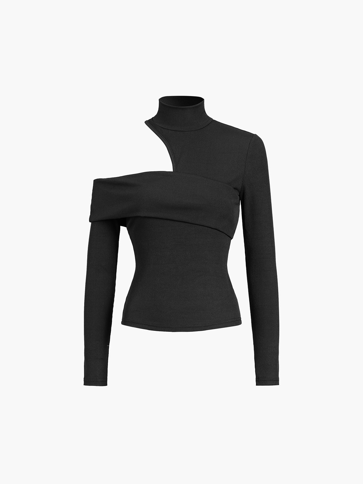 Black ribbed turtleneck top with asymmetric cut-out shoulder and long sleeves