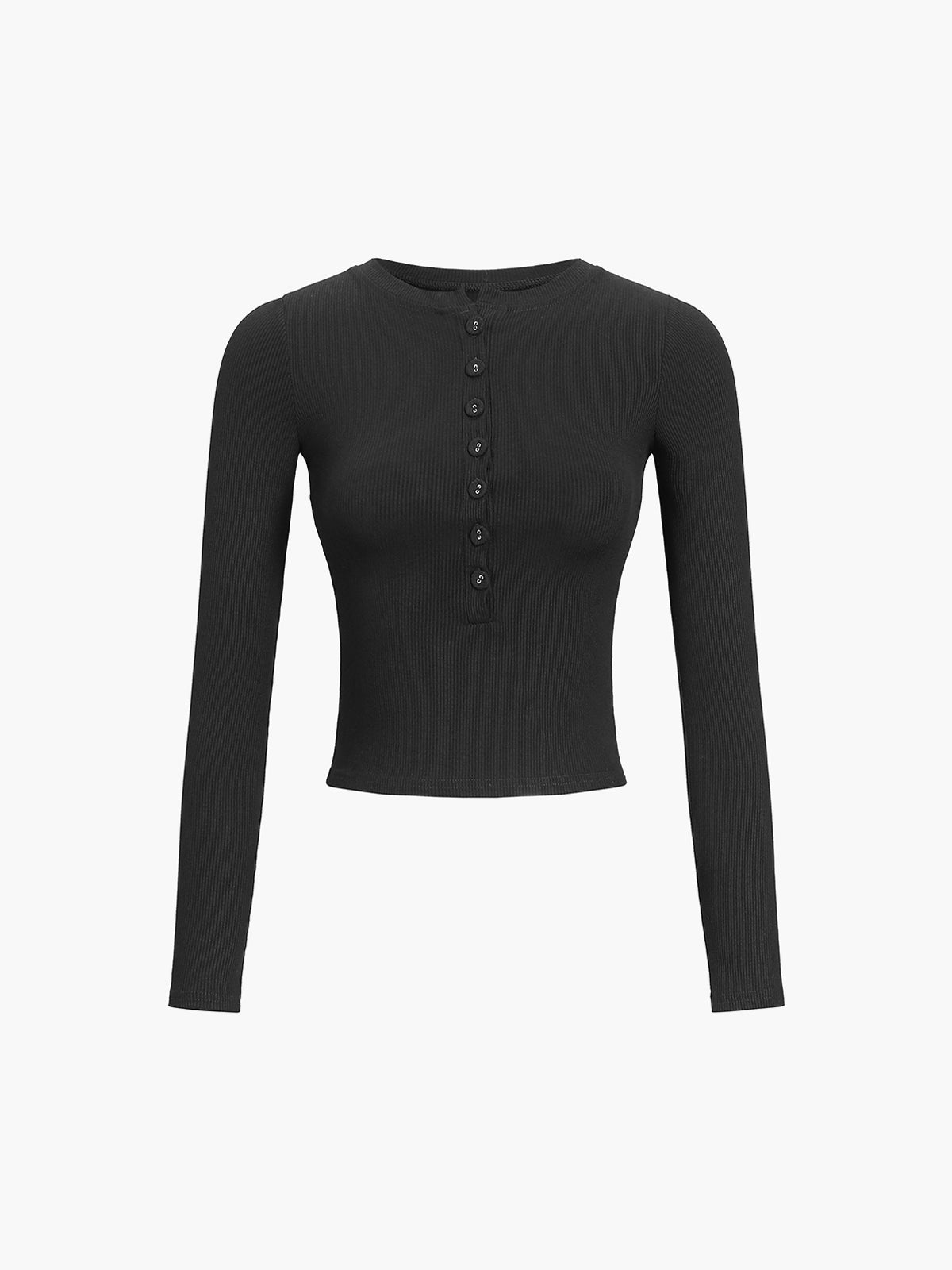 Black ribbed-knit cropped long-sleeve henley top, back view
