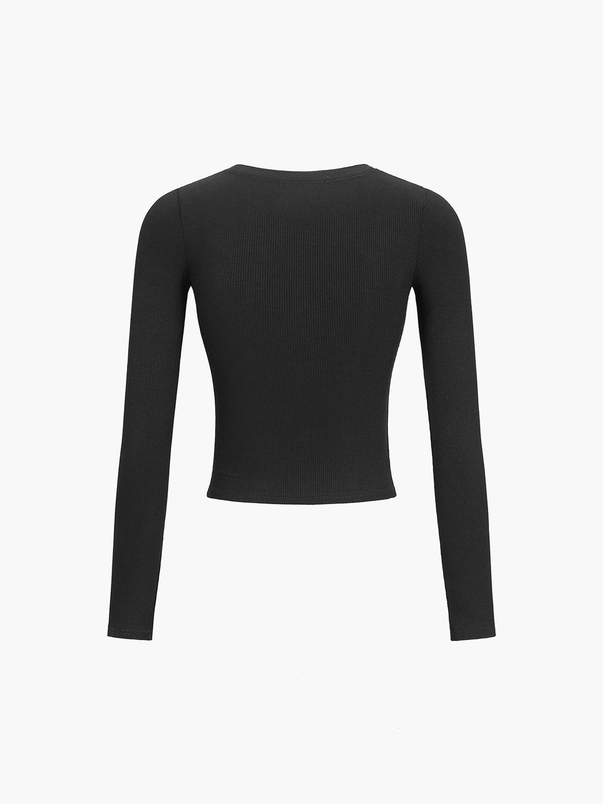 Black ribbed-knit cropped long-sleeve henley top, back silhouette