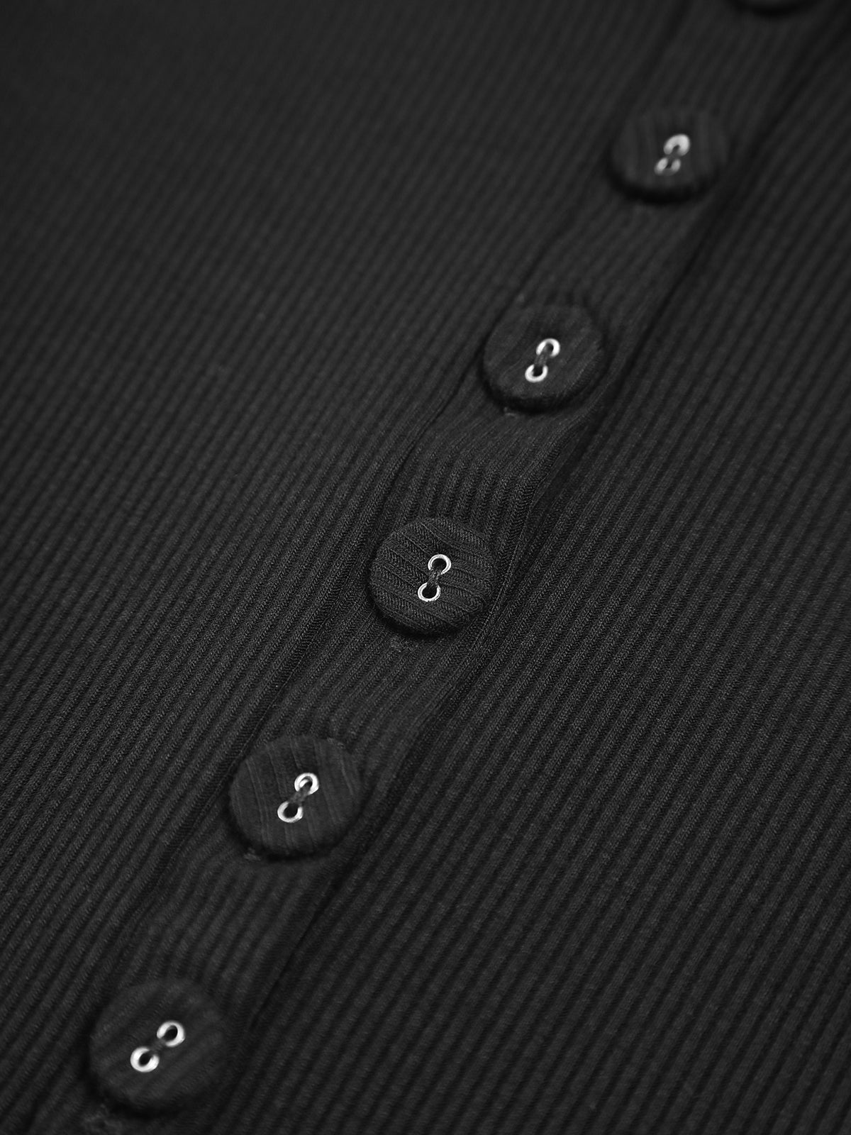 Black ribbed henley top button placket with small round buttons