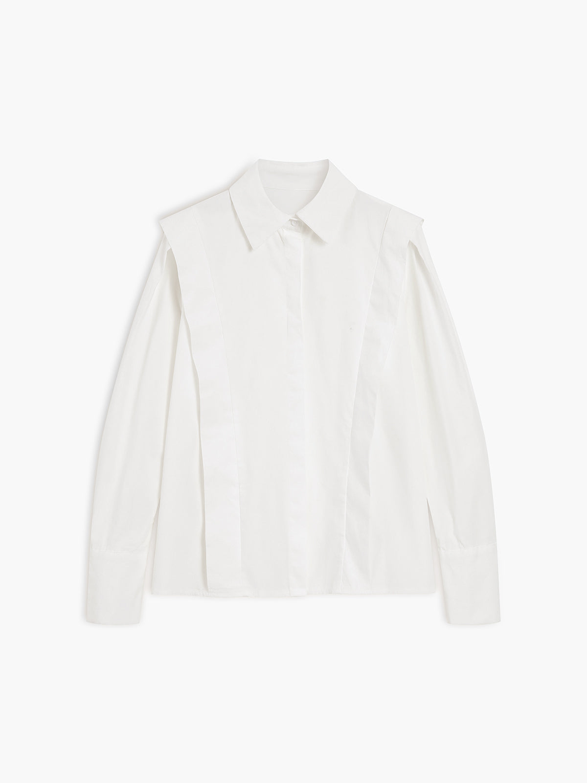 White oversized button-down blouse with pointed collar and long sleeves