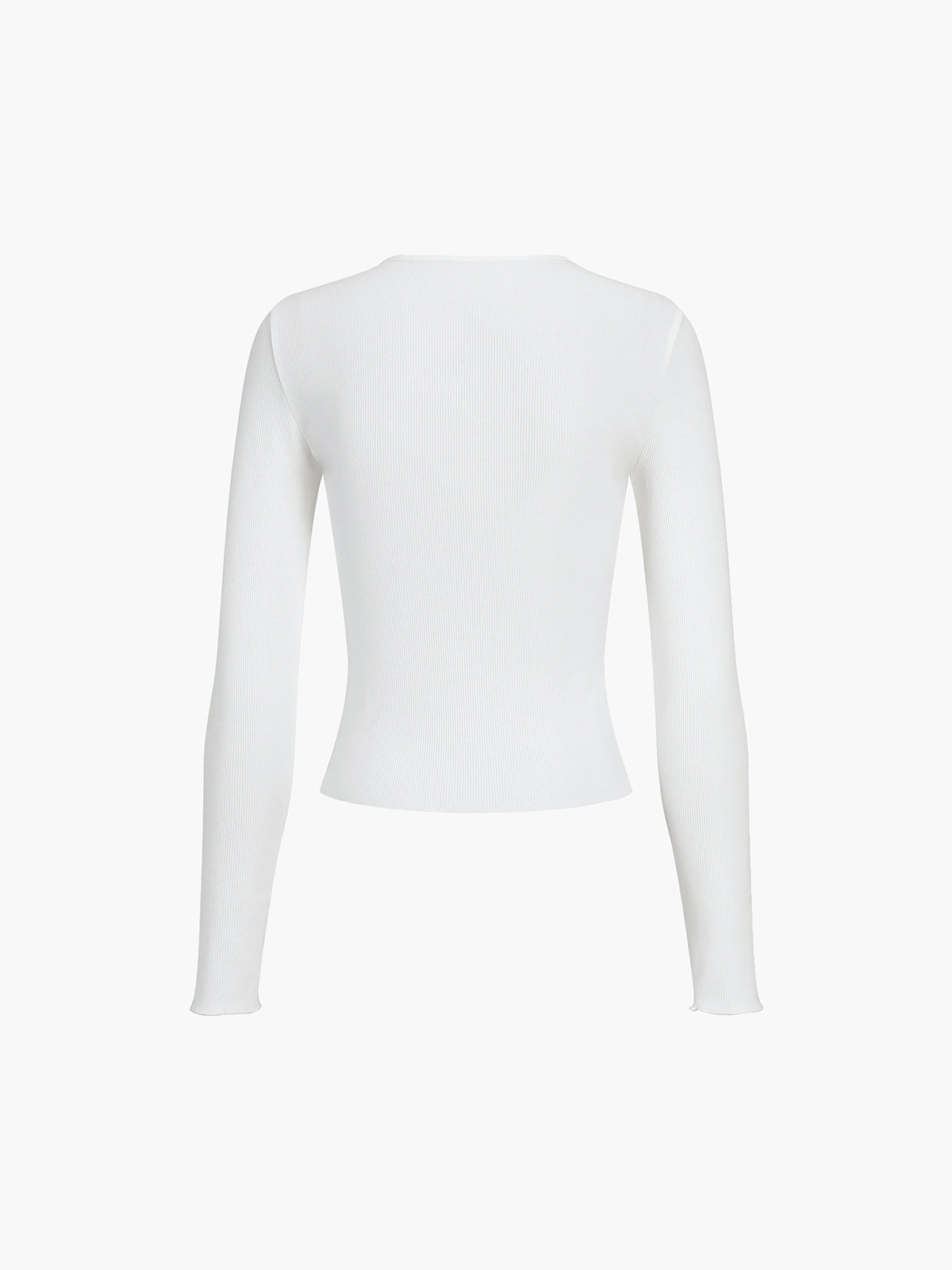 White slim-fit ribbed knit long-sleeve henley top, back view