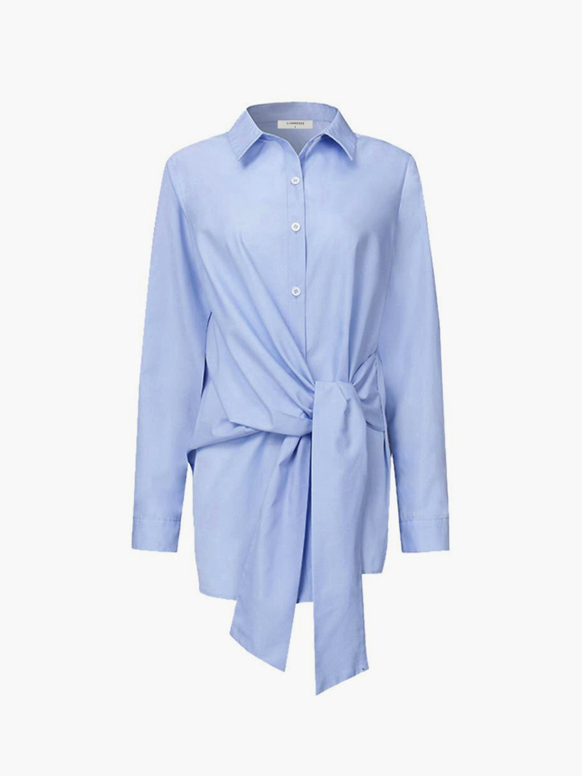 Light blue cotton poplin blouse with long sleeves, shirt collar, and tie-front waist