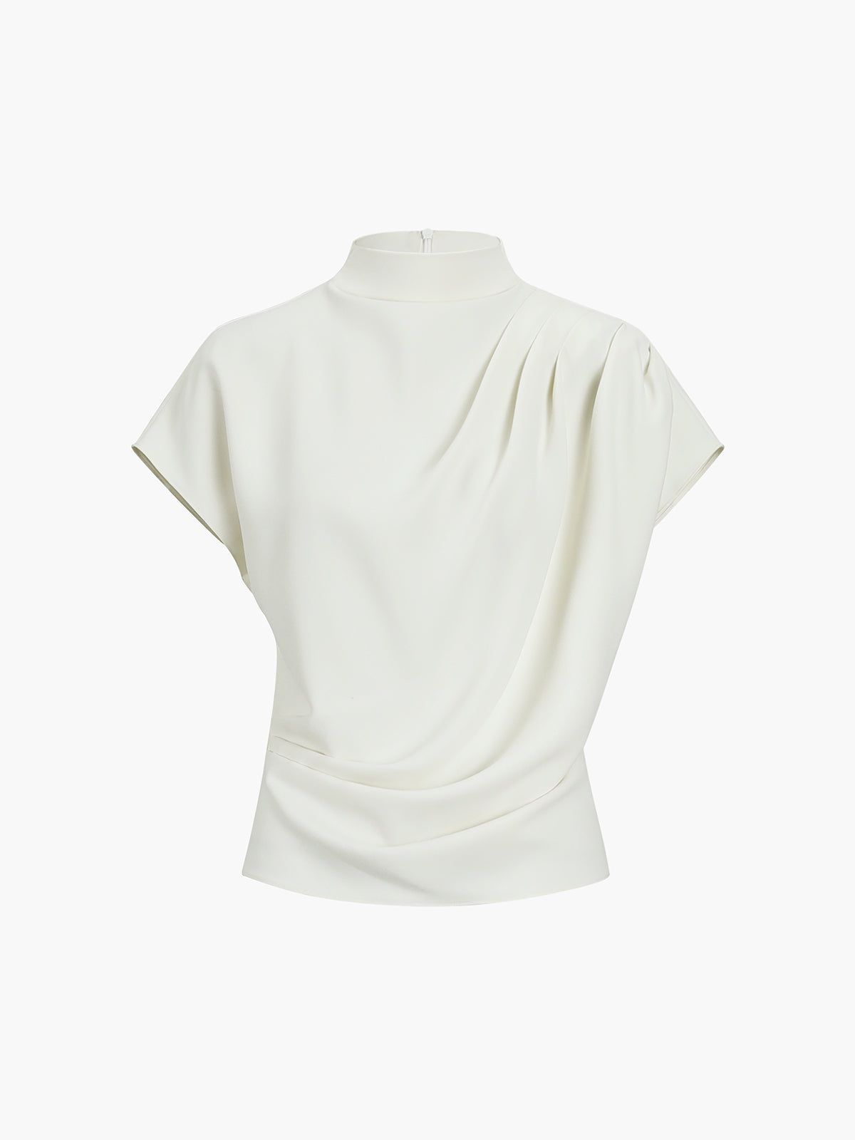Off-white draped cowl-neck top with cap sleeves, asymmetric folds