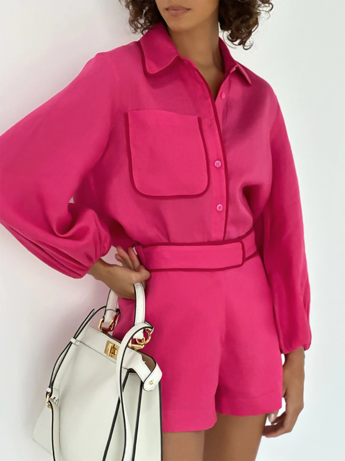 Hot pink linen button shirt with chest pocket, balloon cuffs and matching high-waist shorts