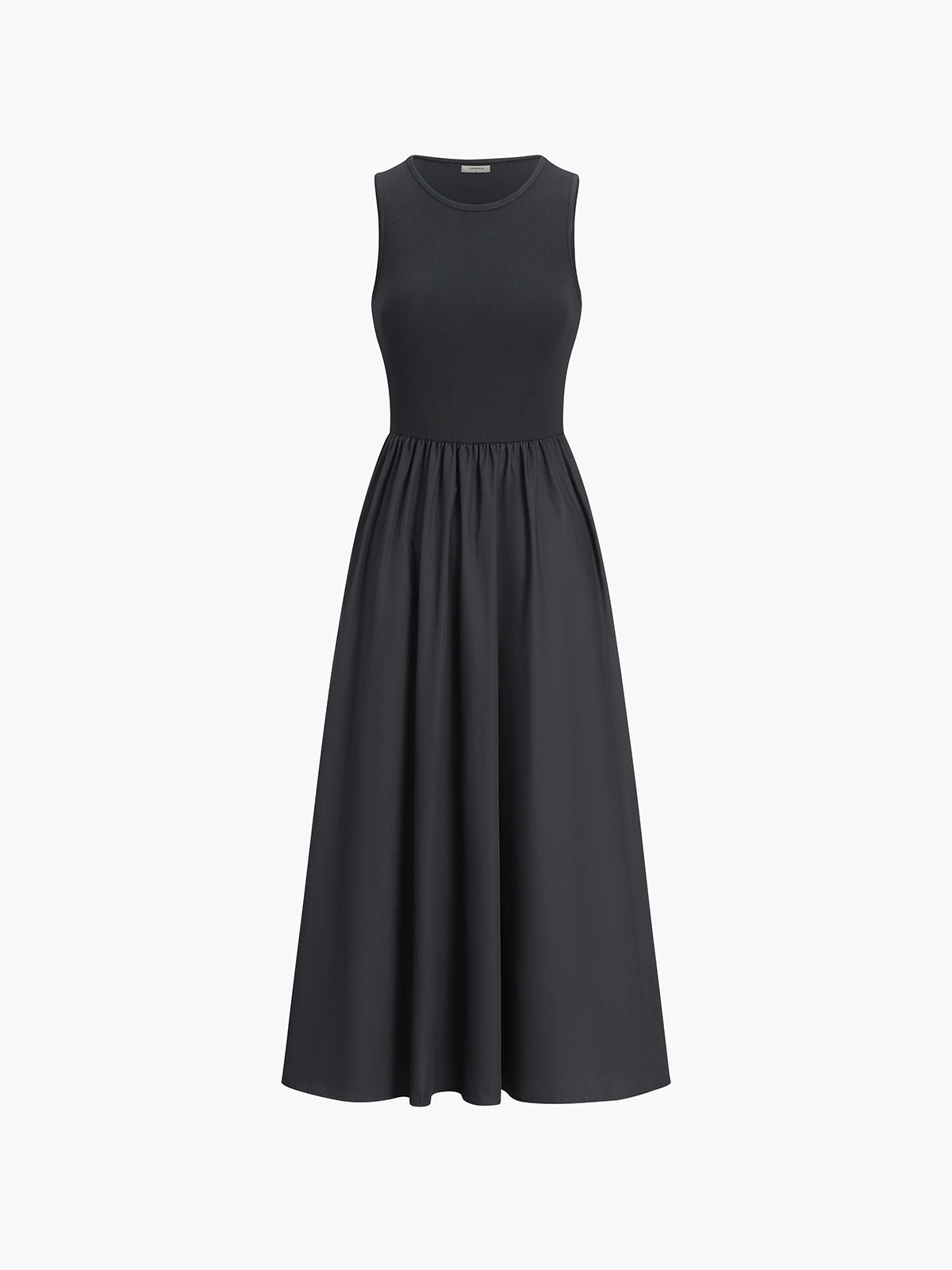 Black cotton sleeveless midi dress, sleeveless ribbed bodice and full gathered skirt
