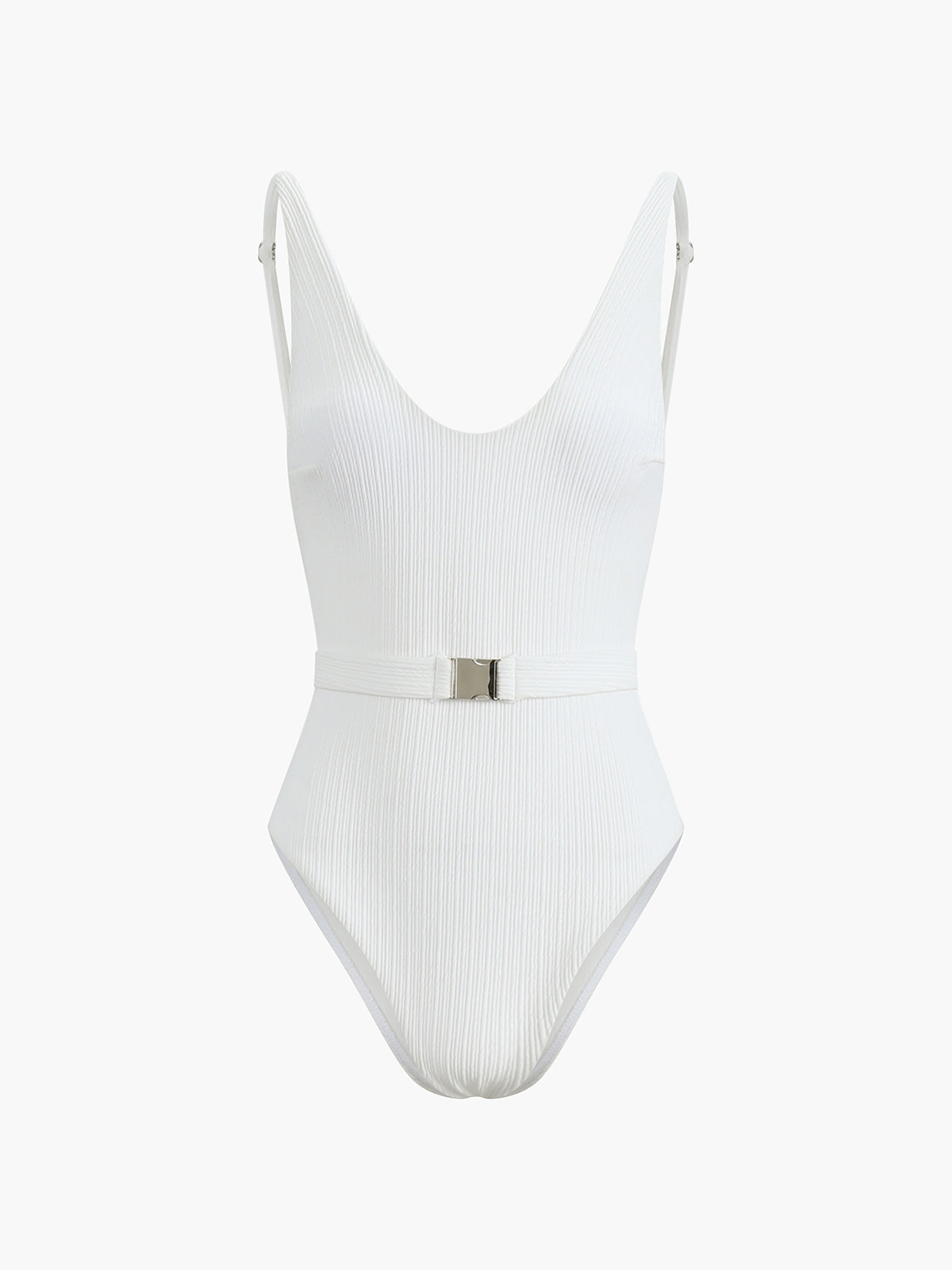 Close-up of white belt buckle on a ribbed one-piece swimsuit