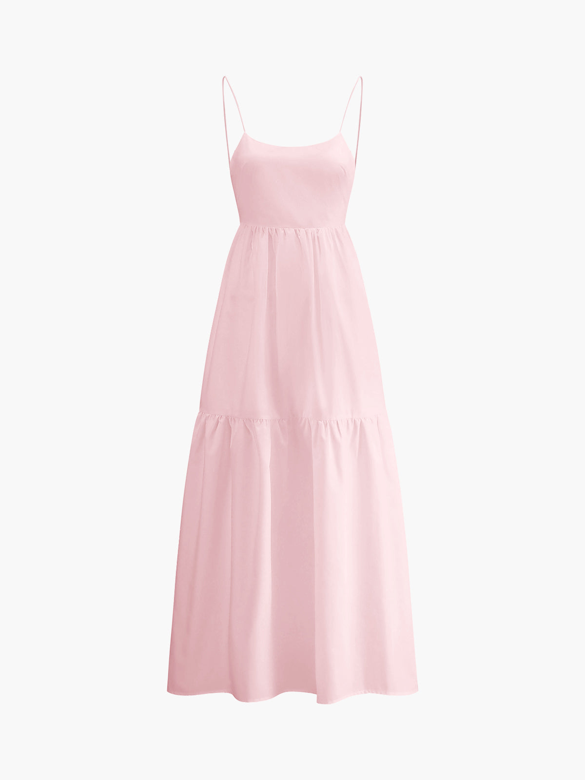 Pink solid backless long dress with spaghetti straps and tiered skirt
