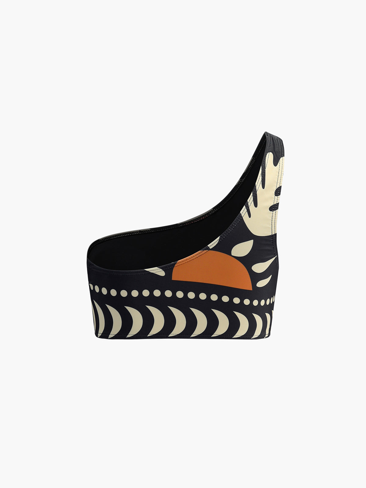 One-shoulder bikini top in black with retro orange-and-cream graphics and dotted trim