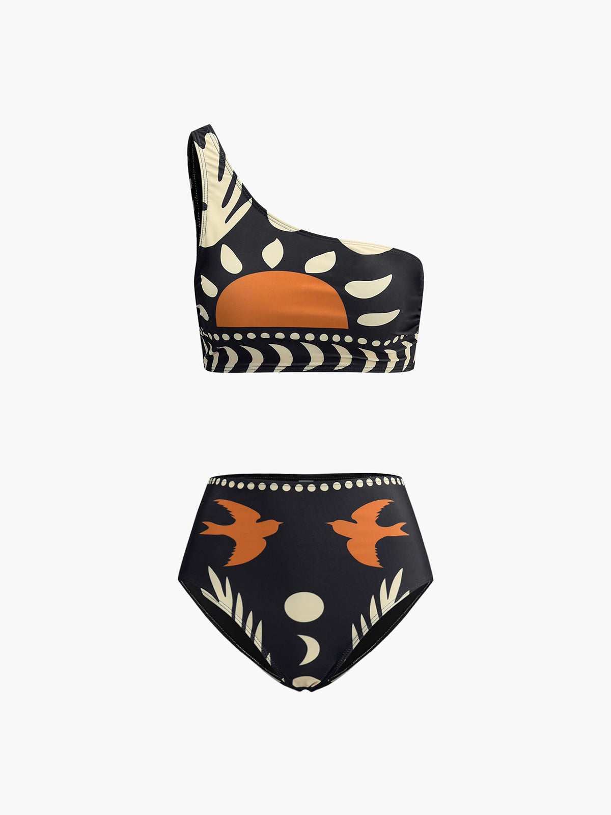 Asymmetric one-shoulder bikini top in black with retro orange-and-cream print