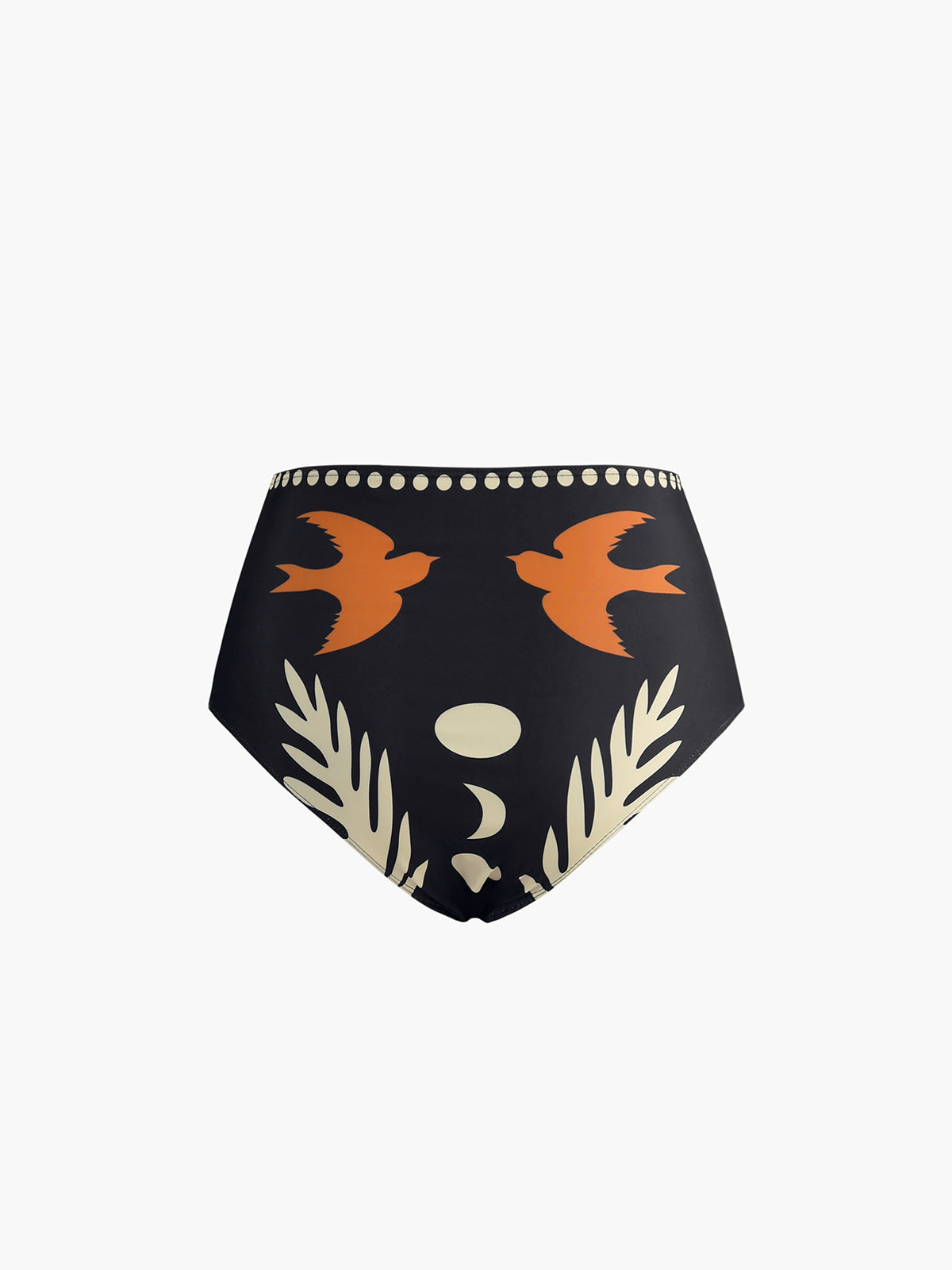 Bikini brief bottom in black with orange fish, cream shapes, and dotted trim