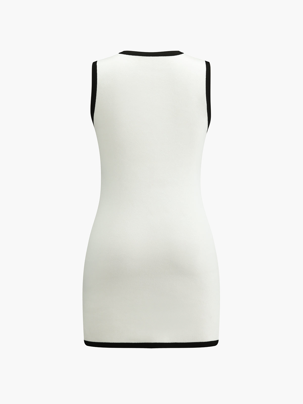 White sleeveless knit mini dress with black trim around crew neckline and hem band
