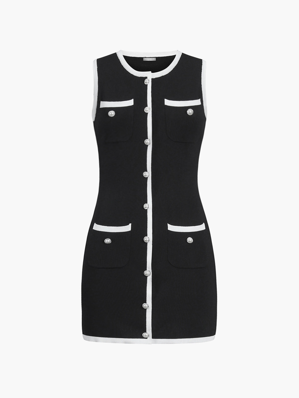 Black sleeveless knit mini dress with white contrast trim, pearl buttons, and chest flap pockets