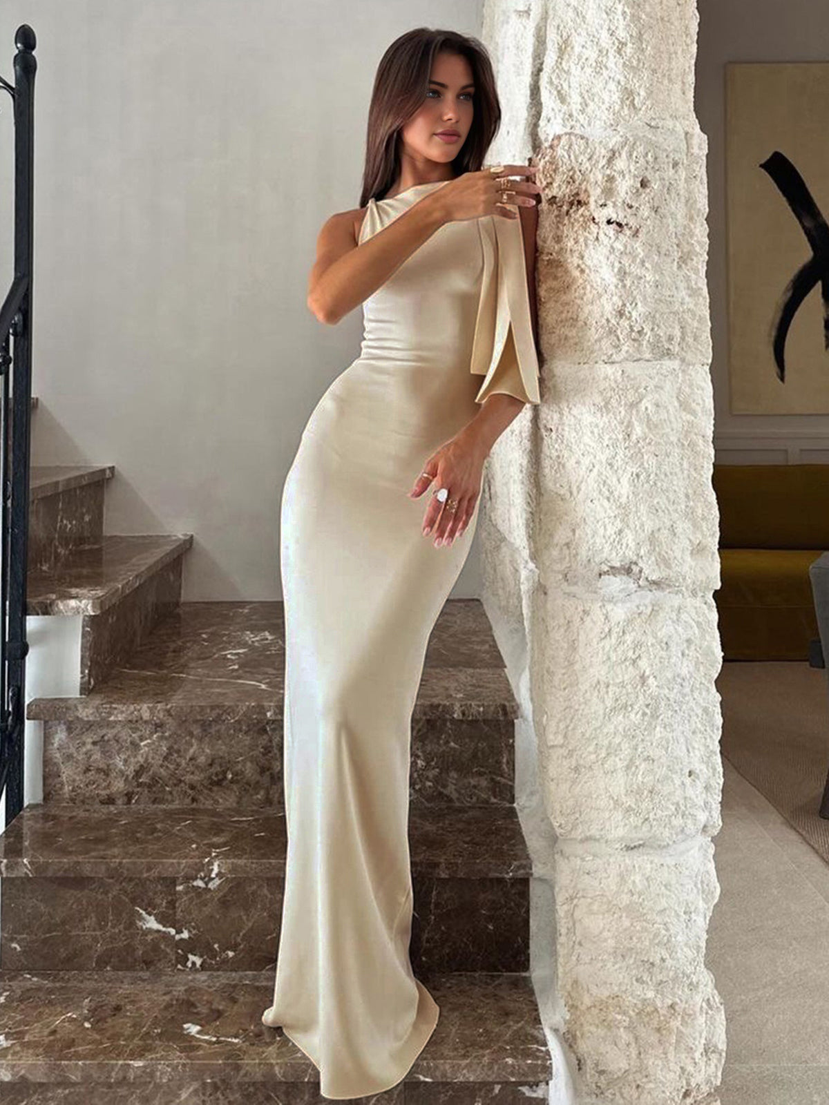 Apricot one-shoulder satin maxi dress with draped shoulder overlay