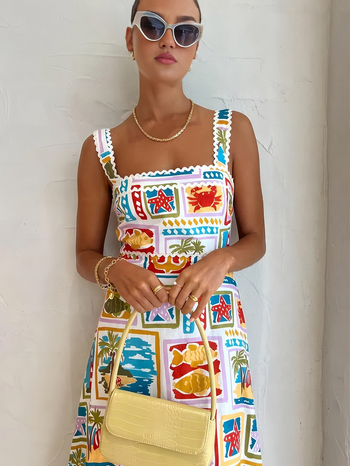 Multicolor sleeveless long dress with square neckline and bold graffiti tile print