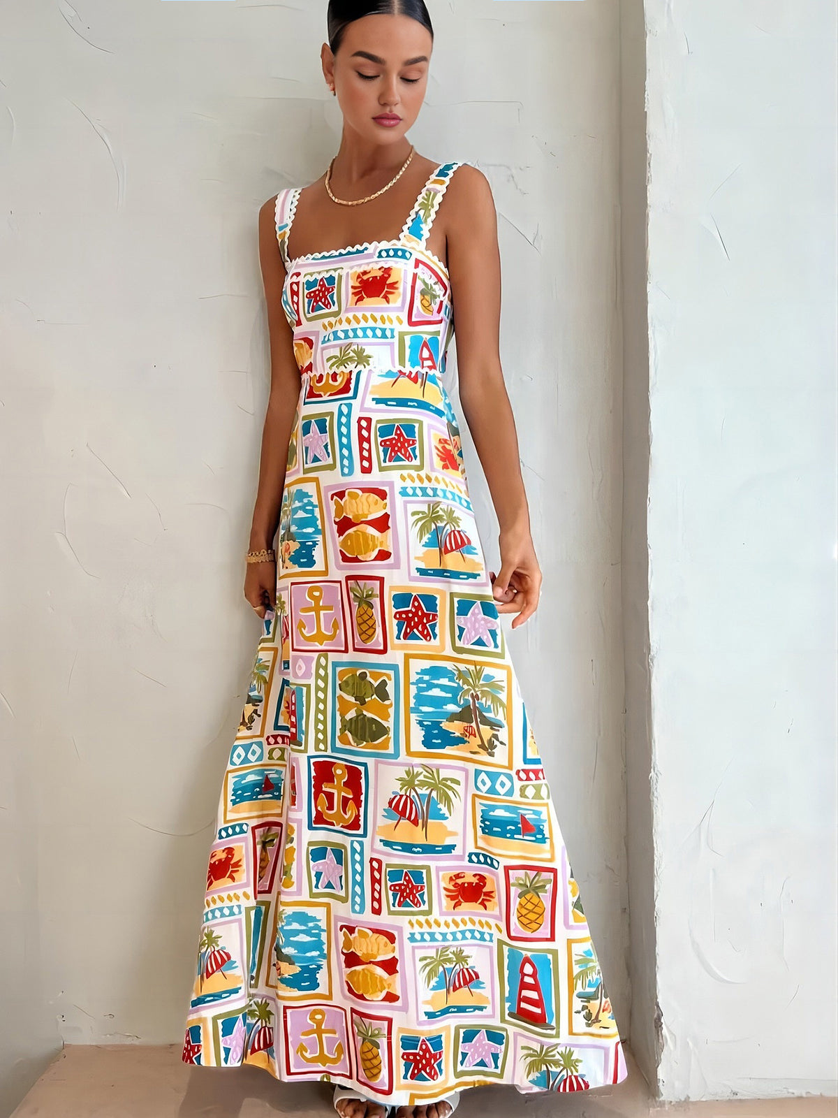 Multicolor graffiti-print sleeveless long dress with ruffled square neckline