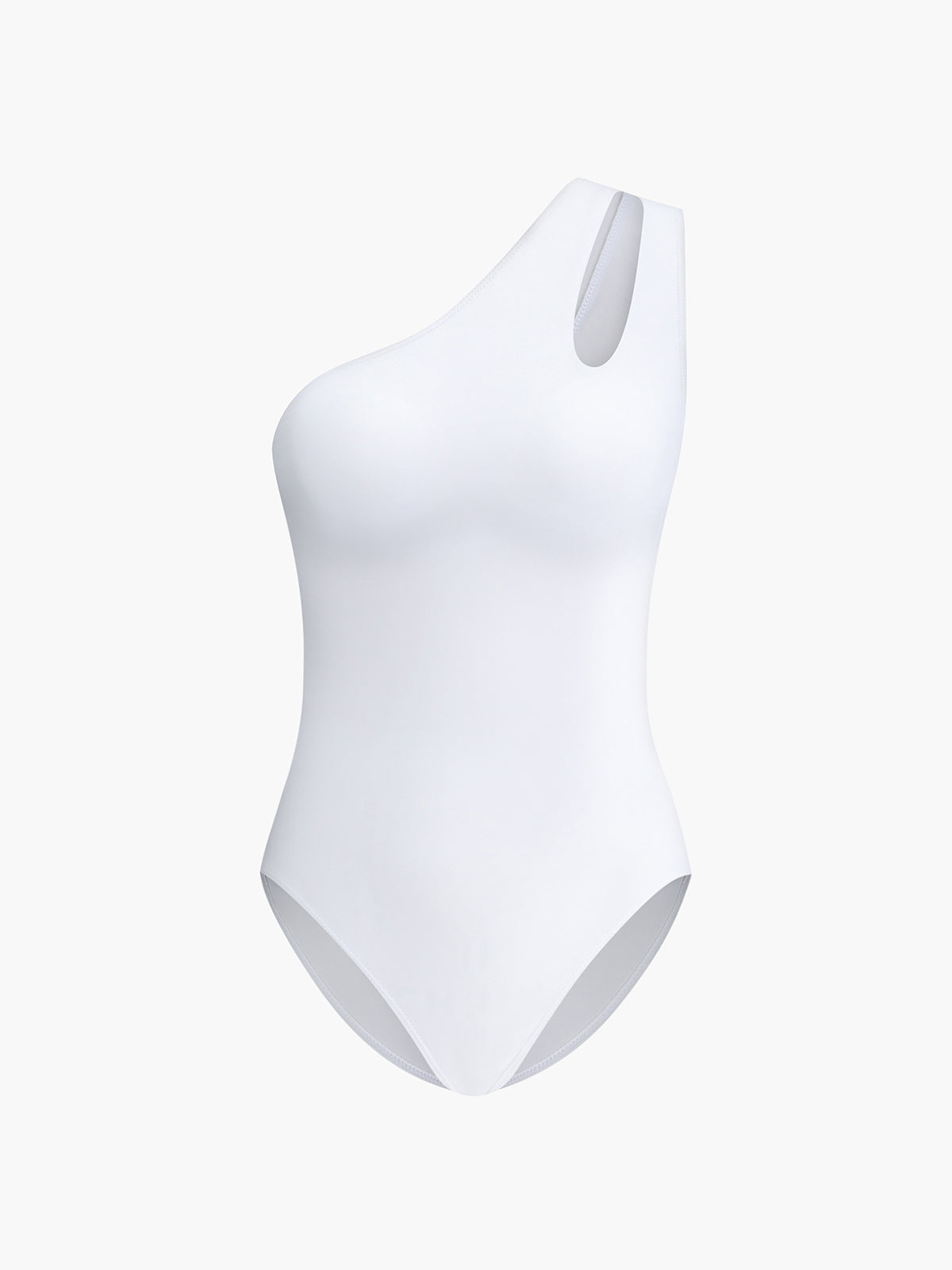 White one-piece swimsuit with one-shoulder neckline and open-back cutout