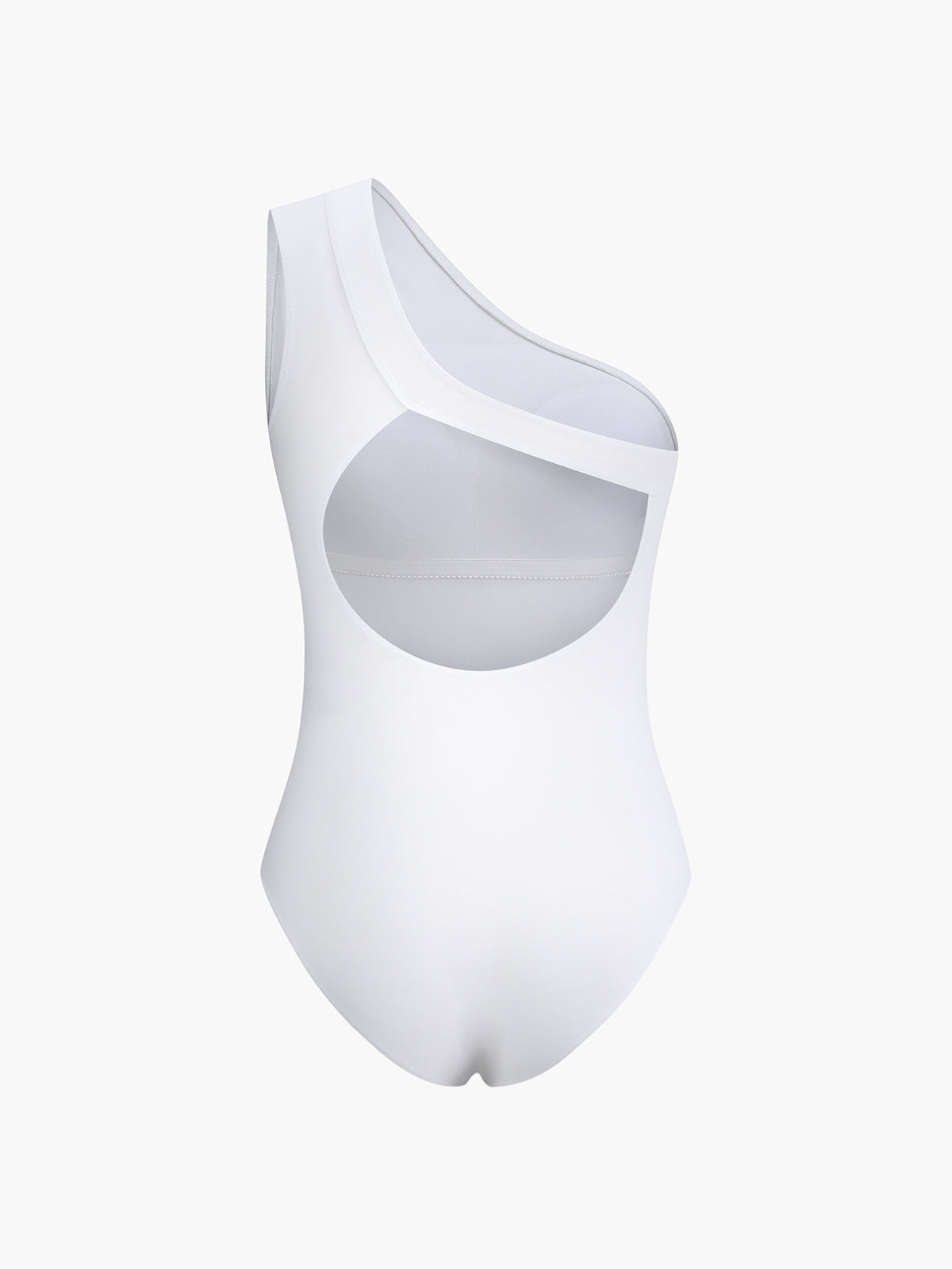 White one-piece swimsuit with one-shoulder style and large back cutout