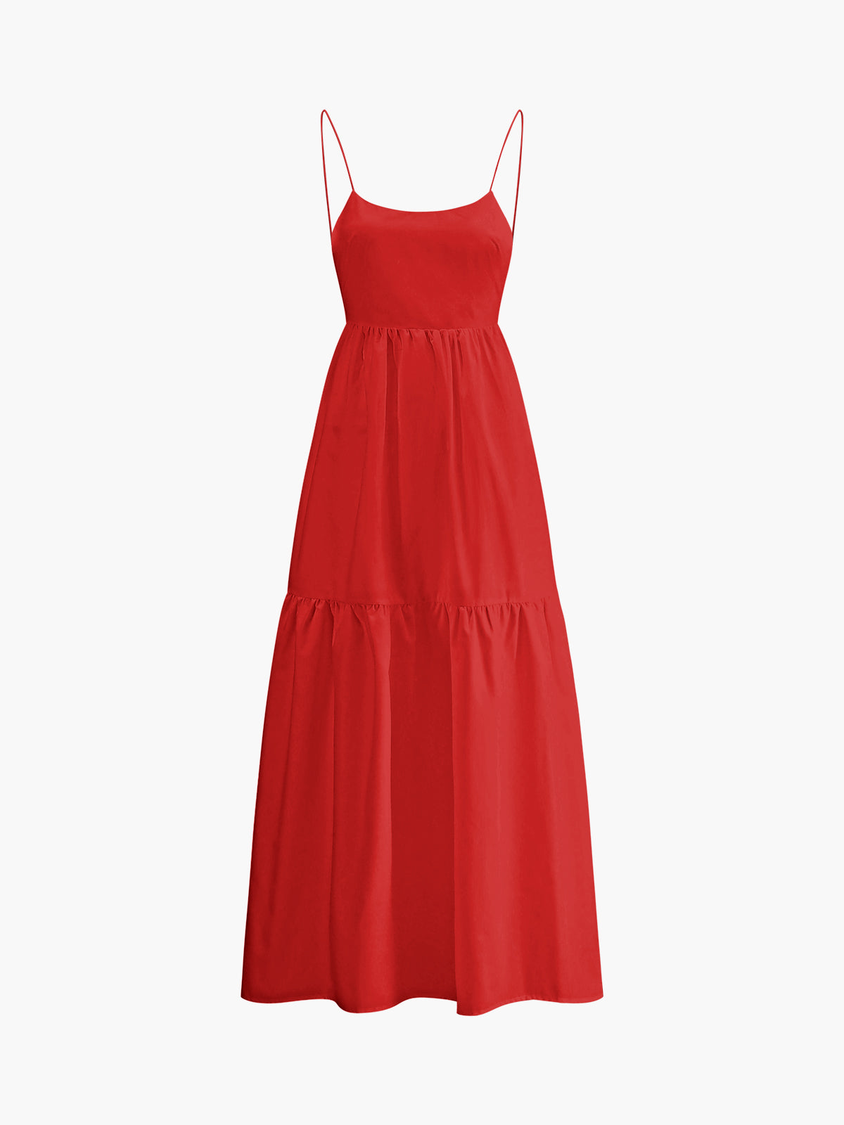 Red solid backless long dress with spaghetti straps and tiered skirt