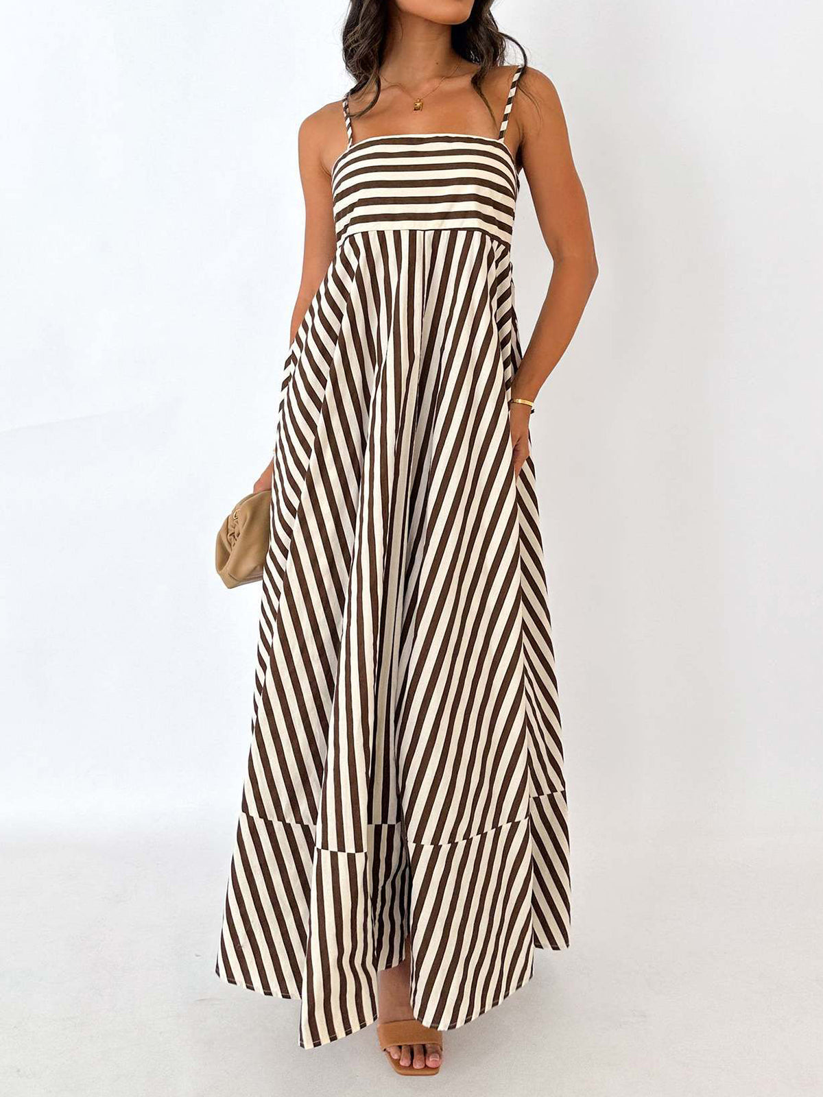 Light brown striped pleated cami long dress, sleeveless with spaghetti straps and tiered hem